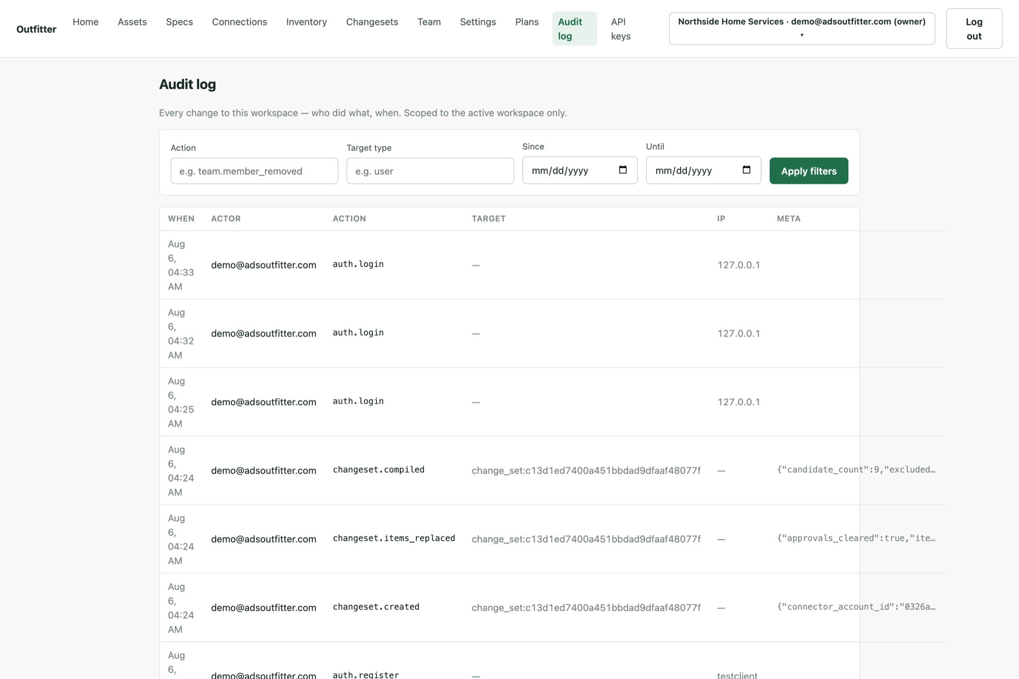 Outfitter audit log: a chronological list of typed actions with actor, target and timestamp for each one.